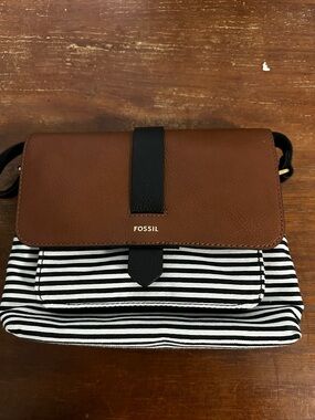 Fossil Brown Leather Flap Crossbody with Black & White Stripes